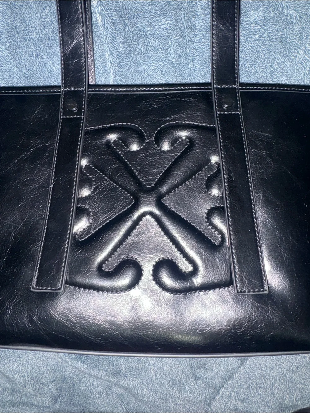 Black Leather Tote Bag with Raised Cross Motif